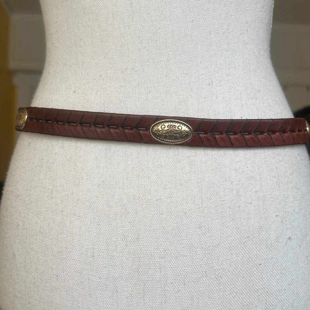 Brighton Brown Braided Leather Belt with Metal Medallions Size L